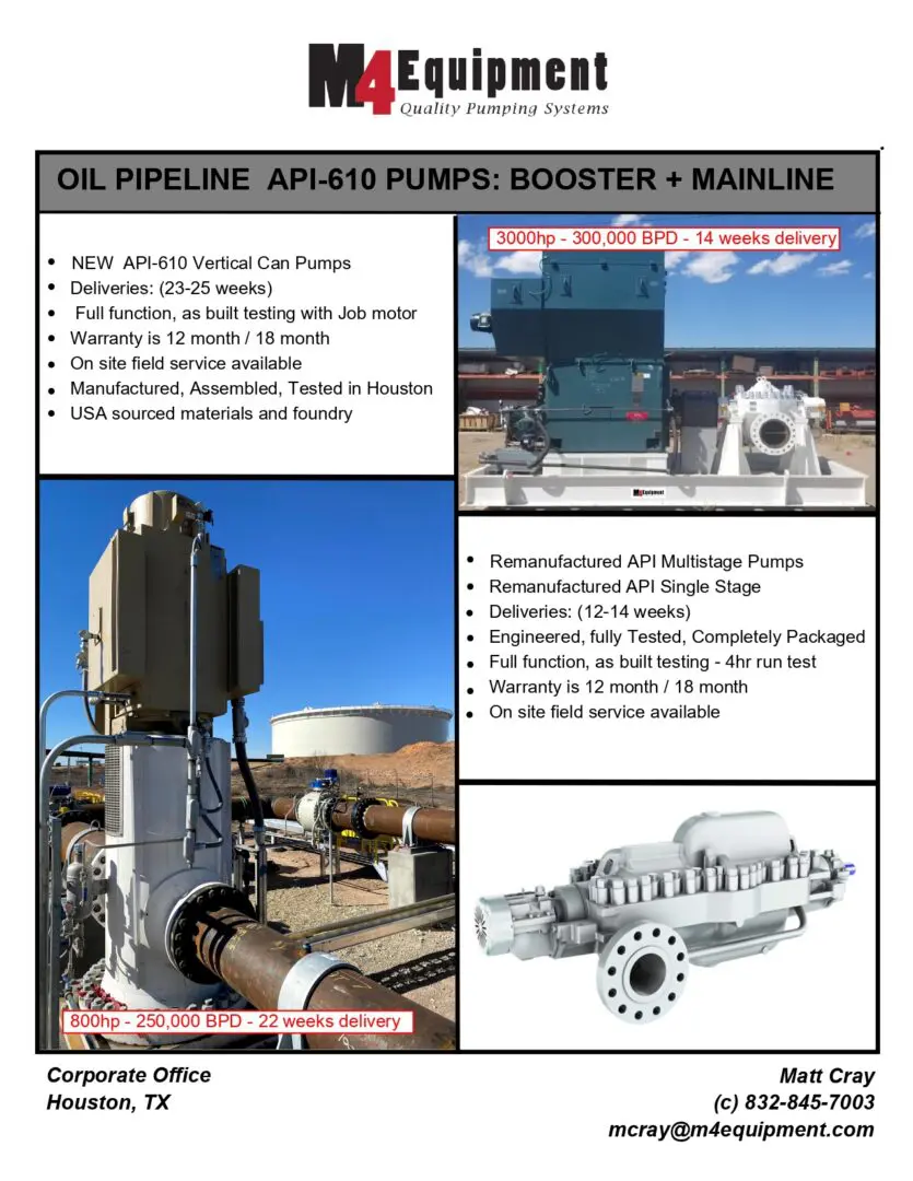 Oil pipeline pumps advertisement and specifications.